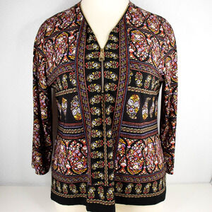 Investments Black Floral Half Front Zip Tunic Top Womens SIZE XL